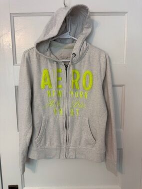 Aeropostale Light Gray Zip Hoodie with Neon Yellow Logo